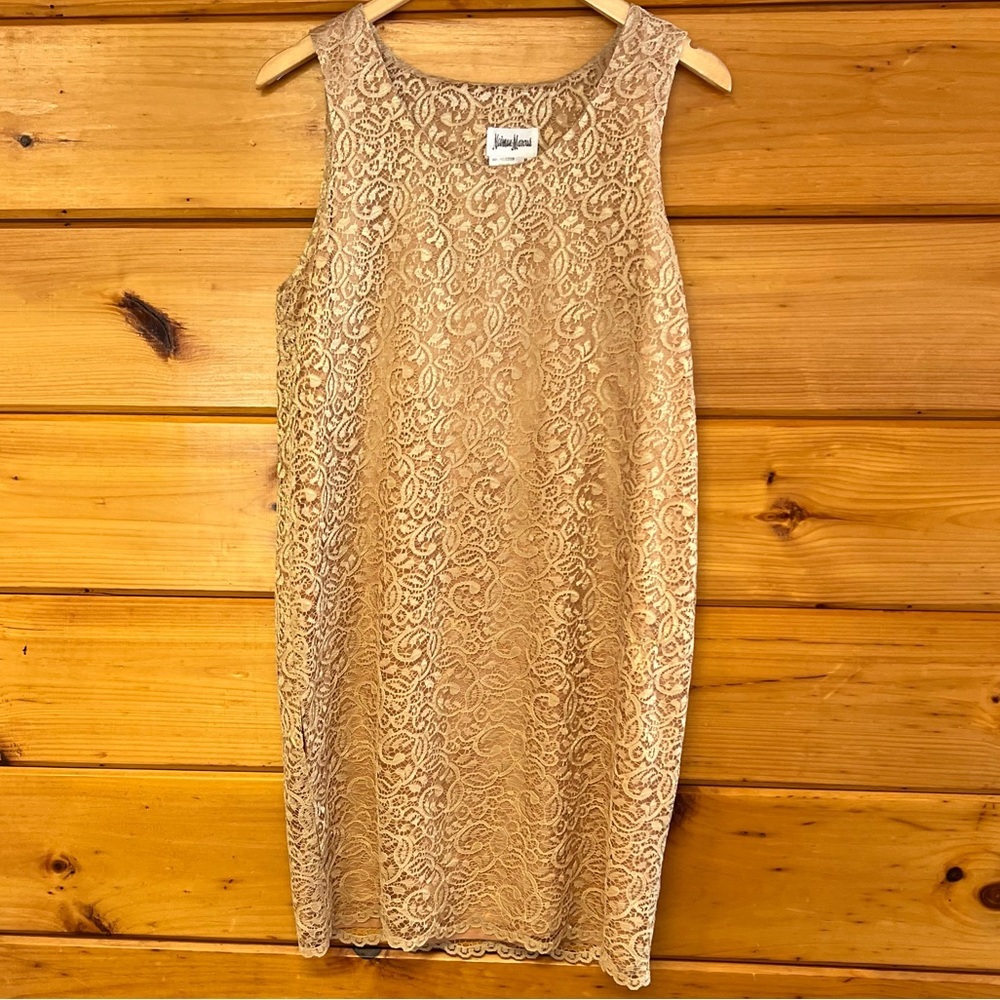 Luxurious VTG Coquette Neiman Marcus Gold / Tan Lace Midi Dainty Dress 8
